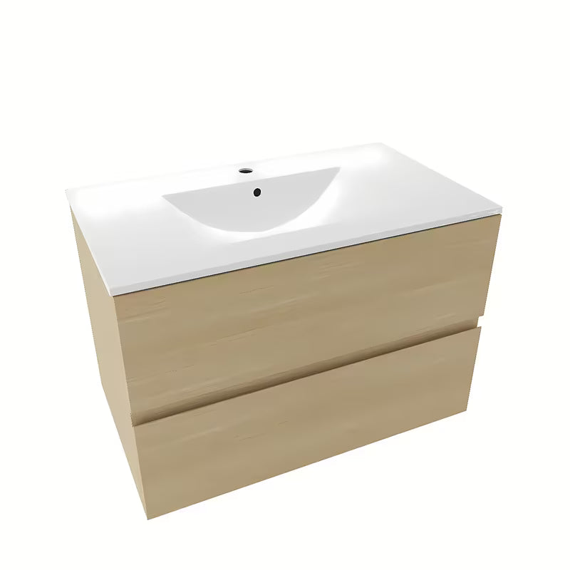 Viseča kopalniška omarica Naturel Verona s ladicama i keramičkim umivaonikom u dekoru svijetlog drva.