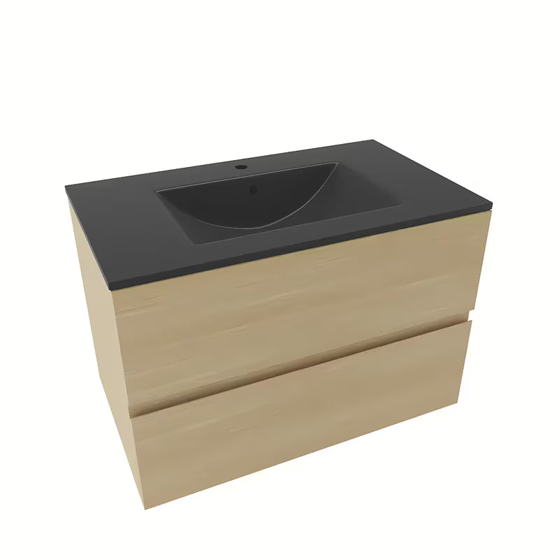 Viseča kopalniška omarica Naturel Verona s ladicama i keramičkim umivaonikom u svijetlom drvu.