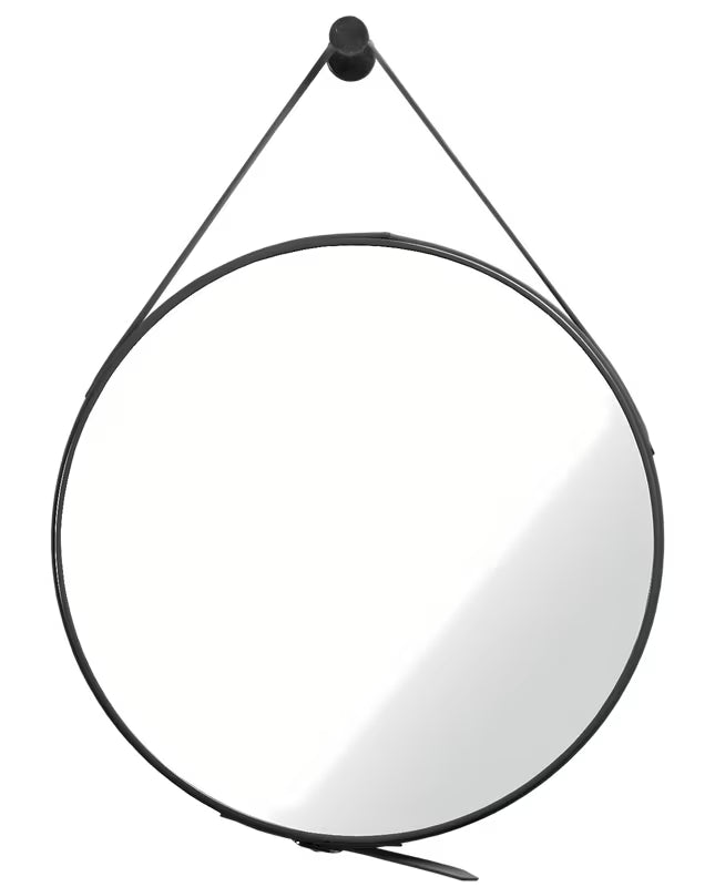 Okruglo viseče ogledalo Naturel promjera 50 cm s crnim kožnim remenom i metalnom kukom.