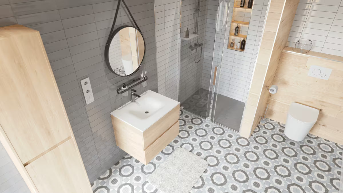 Okruglo viseče ogledalo Naturel promjera 50 cm s crnim kožnim remenom i metalnom kukom.