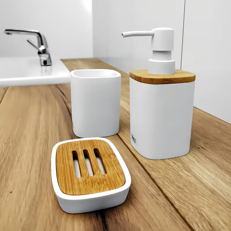 Bijeli dozator za tekući sapun Nimco Badu s bambusom i plastičnom pumpicom