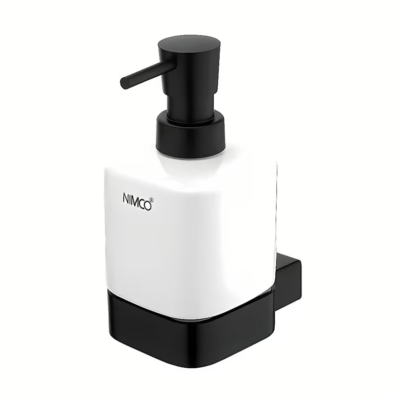 Crni dozator tekućeg sapuna Nimco Kibo s keramičkom posudom i mat držačem od mesinga.