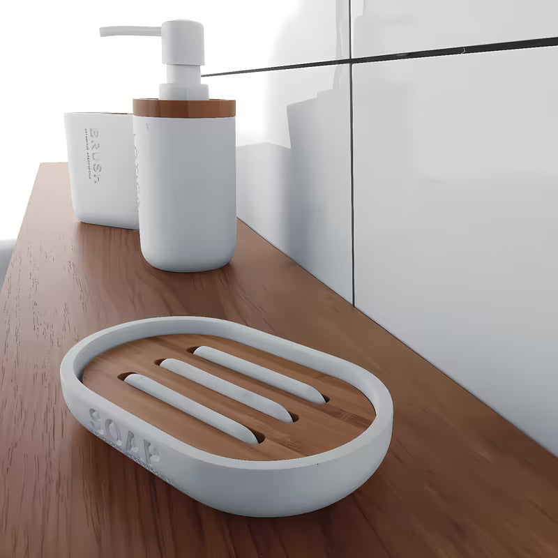 Bijeli dozator za tekući sapun Nimco Kora od polyresina i bambusa.