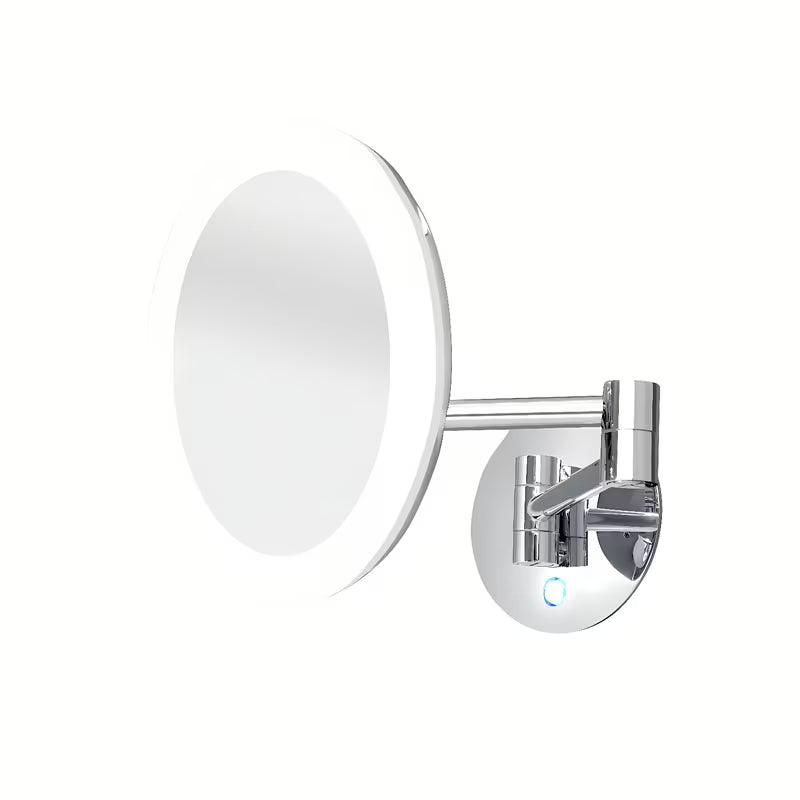 LED kozmetično ogledalo Nimco v krom izvedbi s 5× povečavo in osvetljenim stikalom na dotik.