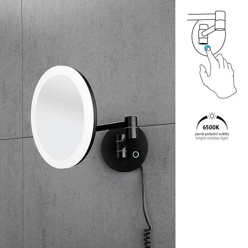 Črno LED kozmetično ogledalo Nimco s 5x povečavo in osvetljenim stikalom na dotik