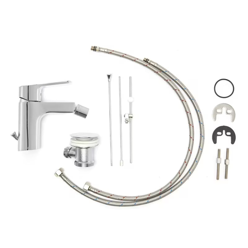 Kromirana enoročna stoječa armatura za bide Optima Cube Way z odtokom i fleksibilnim perlatorom