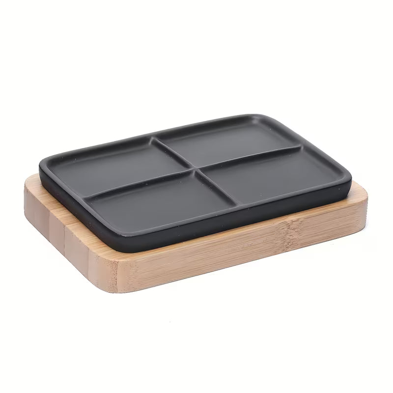 Samostoječi posoda za milo Optima Hombre u crno-mat izvedbi s bambusovim drvom