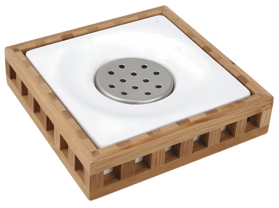 Samostoječi četvrtasta posoda za milo Optima Libra u bijeloj boji s bambusovim elementom.