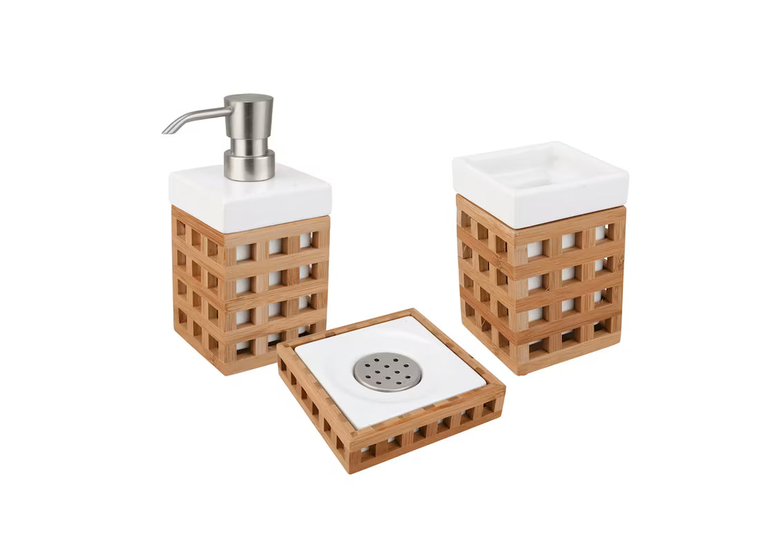 Samostoječi četvrtasta posoda za milo Optima Libra u bijeloj boji s bambusovim elementom.