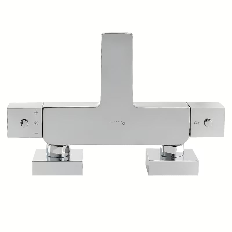 Kromirana termostatska armatura za kad Optima Chrome v oglati zasnovi z varnostno zaporo 38 °C