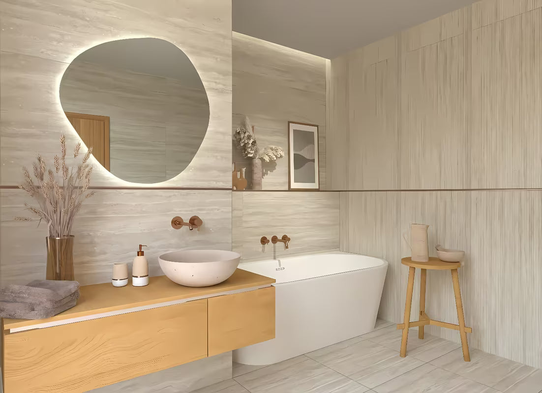 Samostoječi dozator za tekući sapun Optima Tera u dekoru light-limestone s pumpicom rose gold.