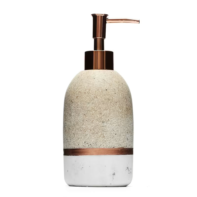 Samostoječi dozirnik za tekoče milo Optima Tera v dekorju light-limestone s črpalko rose gold.