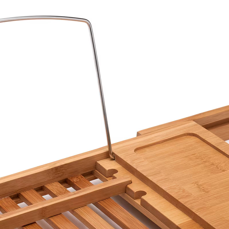 Smeđa bambusova polica za kad Optima s podesivom duljinom i mjestom za knjigu, čašu i sitnice.