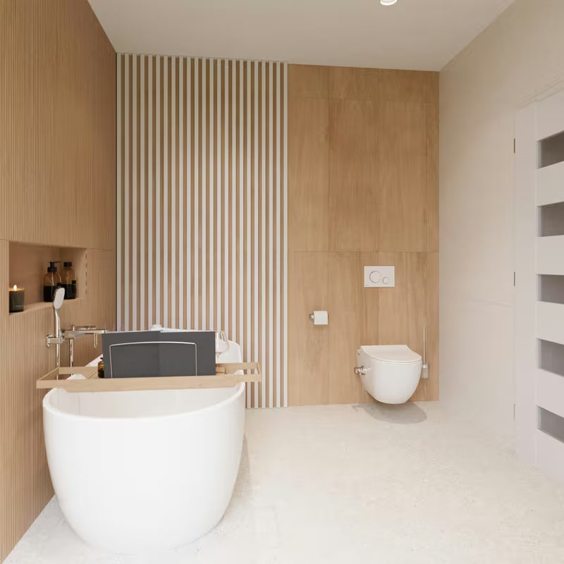 Smeđa bambusova polica za kad Optima s podesivom duljinom i mjestom za knjigu, čašu i sitnice.