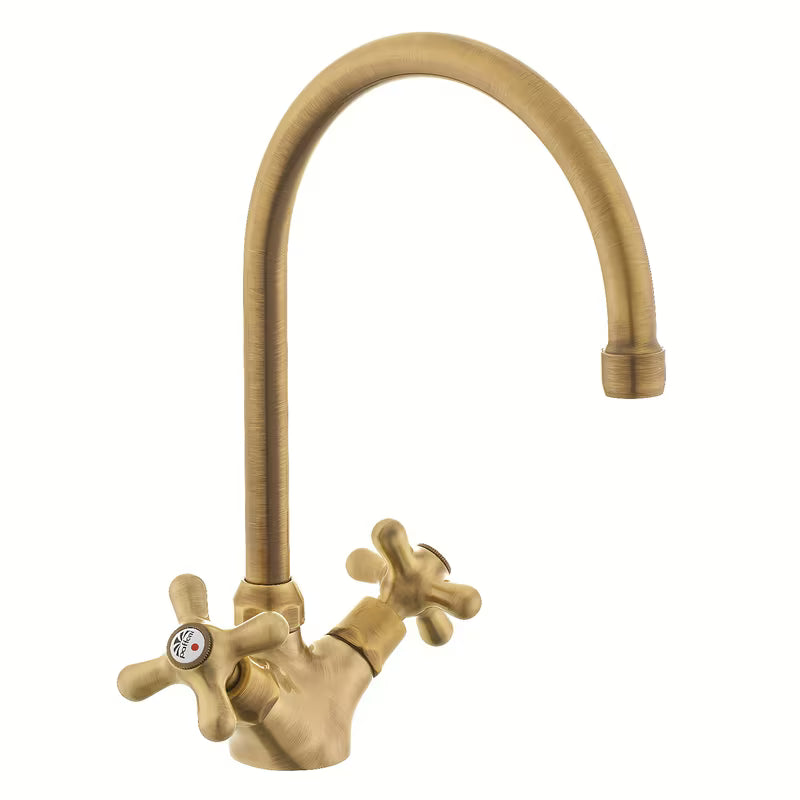 Paffoni Ricordi z dvema ročajema stoječa armatura za pomivalno korito z vrtljivim izlivom u brončanoj izvedbi.