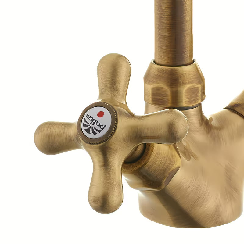 Paffoni Ricordi z dvema ročajema stoječa armatura za pomivalno korito z vrtljivim izlivom u brončanoj izvedbi.