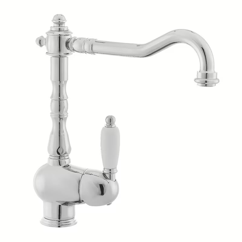 Kromirana armatura za pomivalno korito Paffoni Ricordi u retro zaobljenom dizajnu s ručicom i zakretnim izljevom.