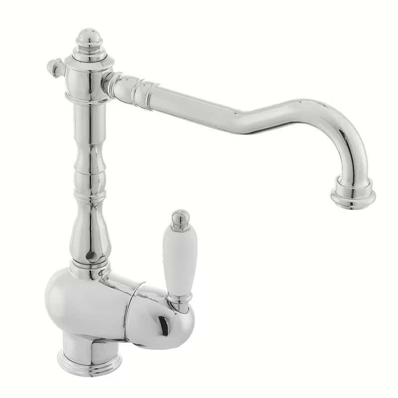 Kromirana armatura za pomivalno korito Paffoni Ricordi u retro zaobljenom dizajnu s ručicom i zakretnim izljevom.