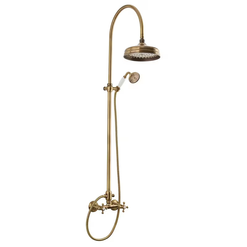 Paffoni Ricordi brončani tušni sistem u retro dizajnu s nadglavnim i ručnim tušem te zidnom slavinom.
