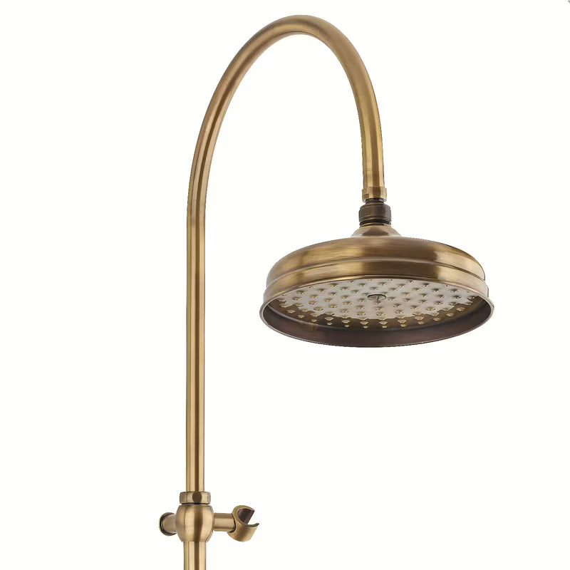Paffoni Ricordi brončani tušni sistem u retro dizajnu s nadglavnim i ručnim tušem te zidnom slavinom.