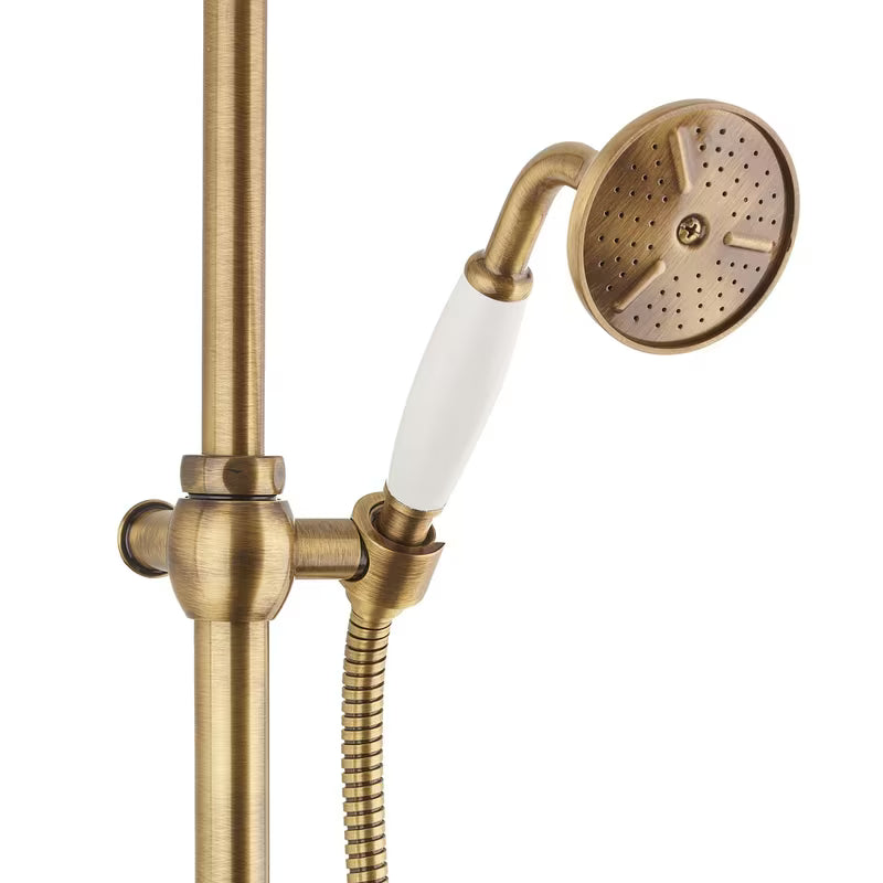 Paffoni Ricordi brončani tušni sistem u retro dizajnu s nadglavnim i ručnim tušem te zidnom slavinom.