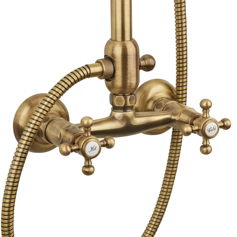 Paffoni Ricordi brončani tušni sistem u retro dizajnu s nadglavnim i ručnim tušem te zidnom slavinom.