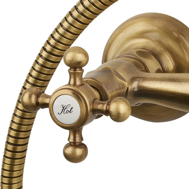 Paffoni Ricordi brončani tušni sistem u retro dizajnu s nadglavnim i ručnim tušem te zidnom slavinom.