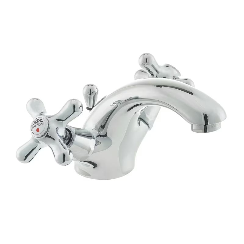 Kromirana z dvema ročajema stoječa armatura za umivalnik Paffoni Ricordi z odtokom u retro dizajnu.