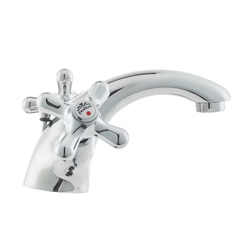 Kromirana z dvema ročajema stoječa armatura za umivalnik Paffoni Ricordi z odtokom u retro dizajnu.