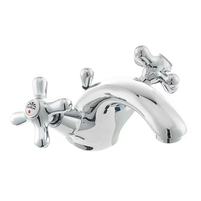 Kromirana z dvema ročajema stoječa armatura za umivalnik Paffoni Ricordi z odtokom u retro dizajnu.