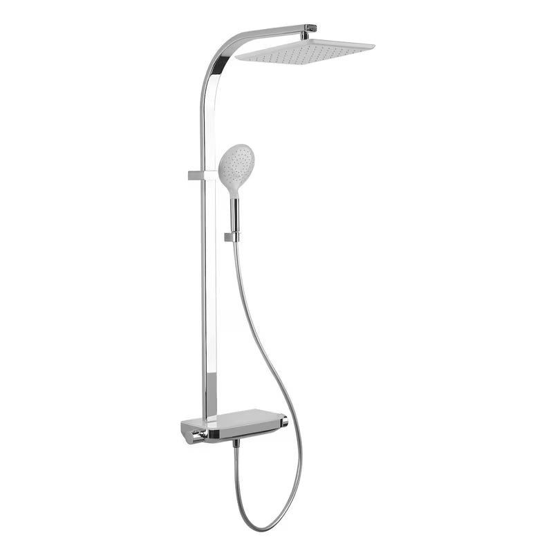Tušni sistem Paffoni s termostatsko armaturo u krom izvedbi, sa staklenom policom i nadglavnim tušem 28x28 cm.