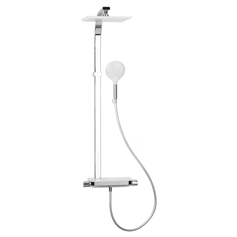 Tušni sistem Paffoni s termostatsko armaturo u krom izvedbi, sa staklenom policom i nadglavnim tušem 28x28 cm.