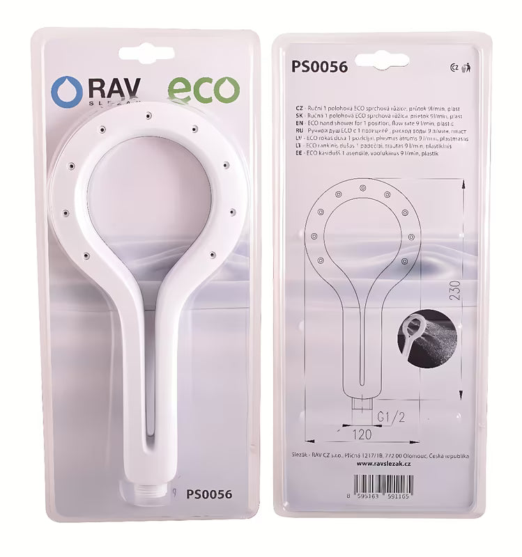 Ručni tuš Rav Slezak u izvedbi krom/bijela s jednim mlazom, promjer 12 cm.