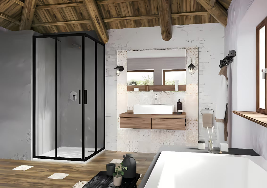 Kvadratni kotni tuš kabina Ravak Blix Slim 90x90 cm v črni barvi s prozornim steklom in drsnimi vrati.