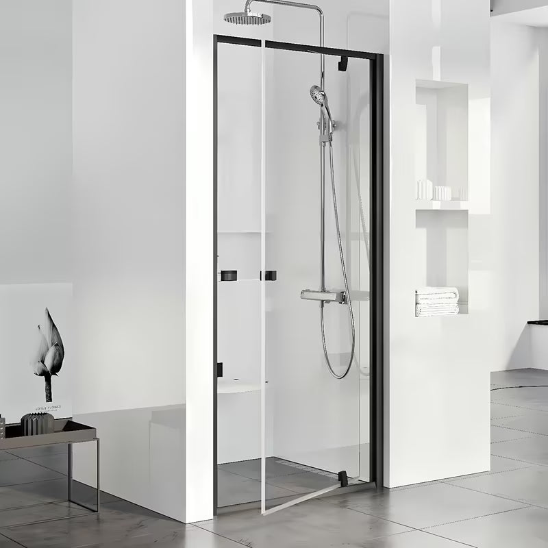 Ravak Pivot tuš vrata 90 cm v črni barvi s prozornim steklom in pivotnim odpiranjem