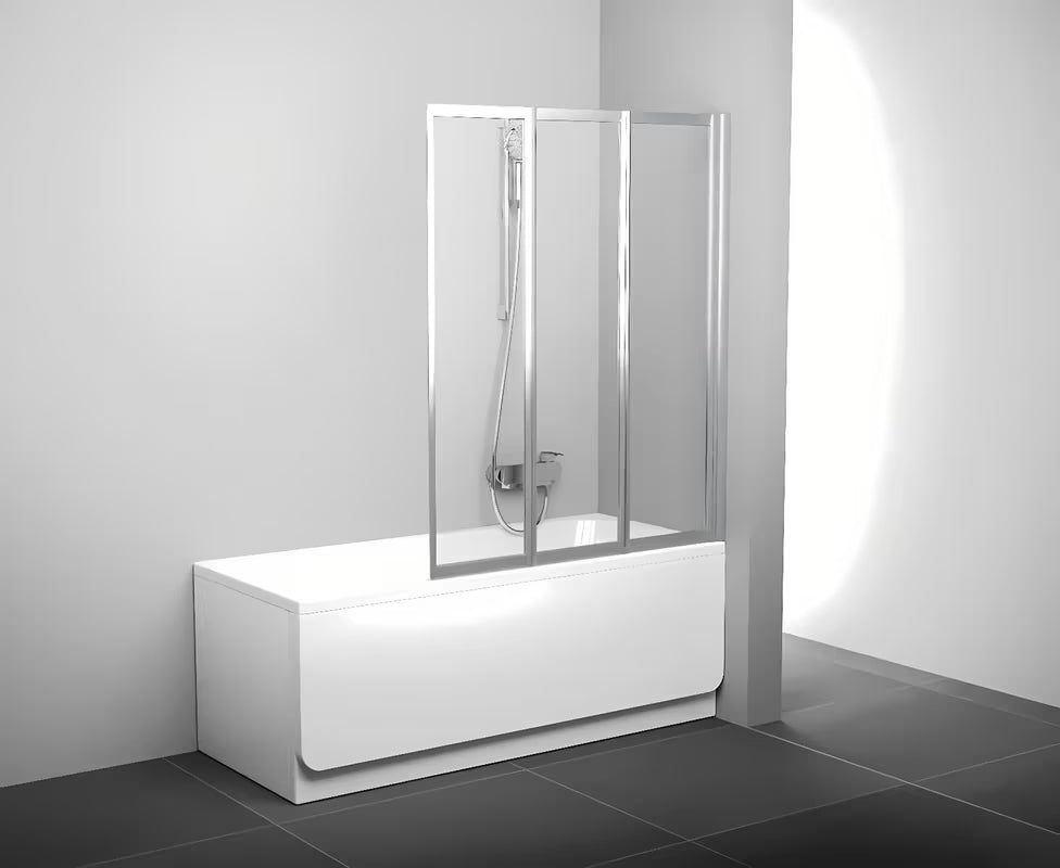 Tridelna sklopiva stena za kopalno kad Ravak Supernova u izvedbi satin s prozirnim sigurnosnim staklom