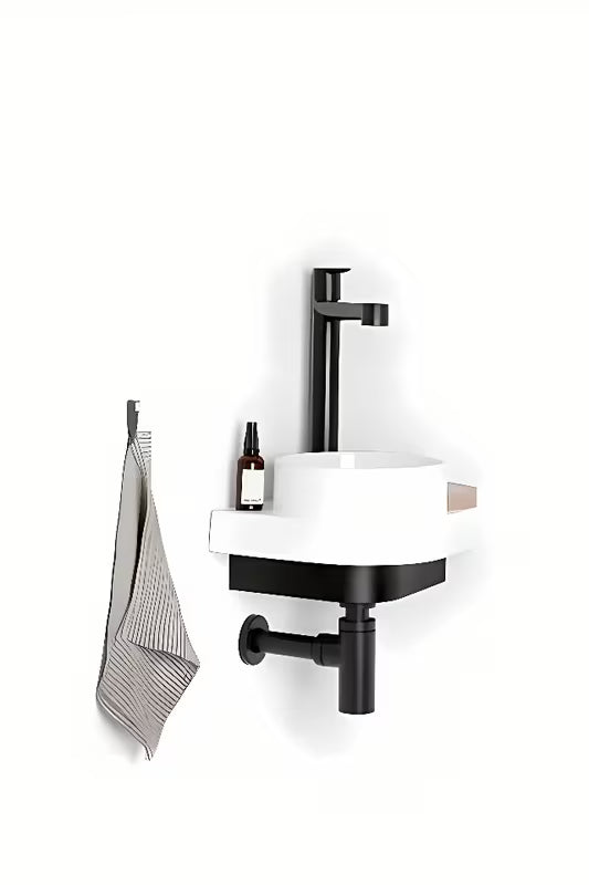 Bijeli kotno keramički umivalnik Ravak Yard 28x28 cm s upuštenom odlagališnom plohom