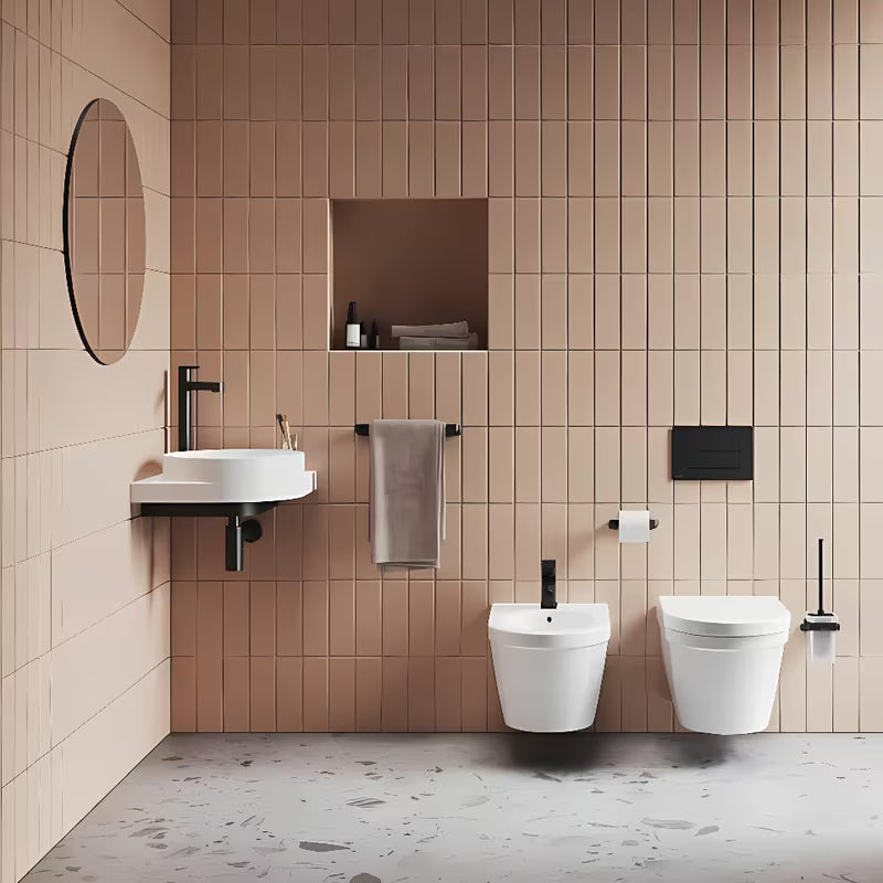 Bijeli keramički kotno viseči umivalnik Ravak Yard s upuštenom odlagališnom plohom