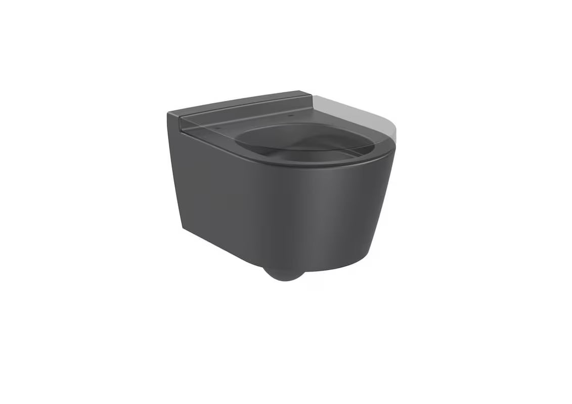 Viseča WC Školjka Roca Inspira v mat barvi oniks z brezrobno izvedbo Rimless in skritim pritrjevanjem.