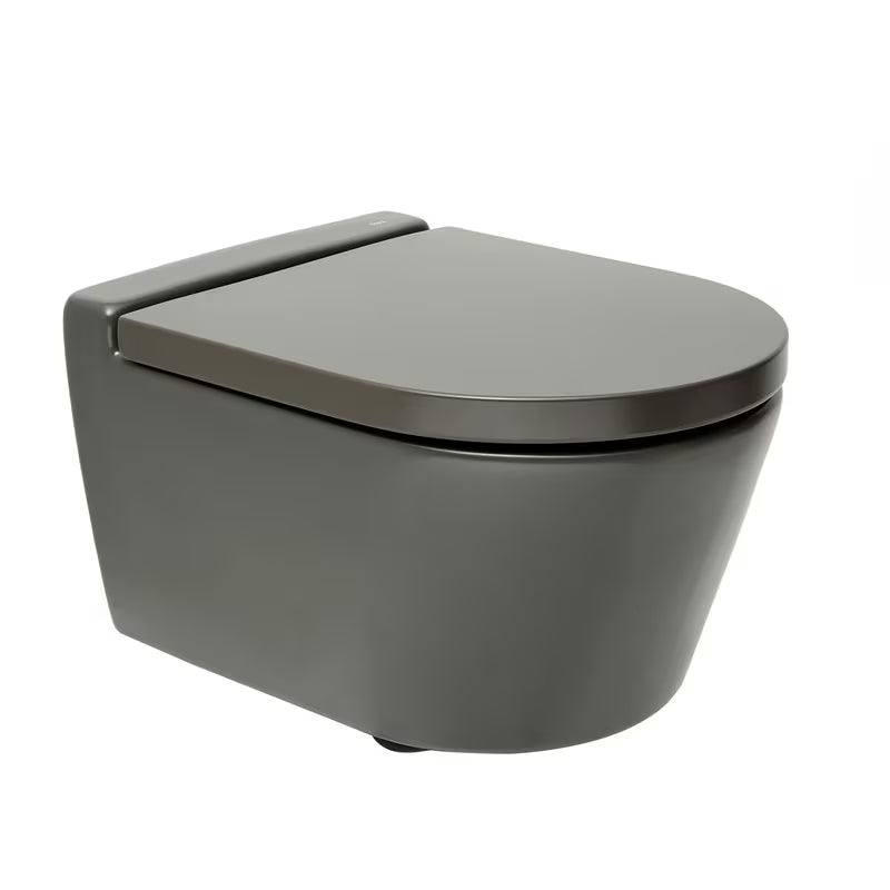 Viseča WC Školjka Roca Inspira v mat barvi oniks z brezrobno izvedbo Rimless in skritim pritrjevanjem.