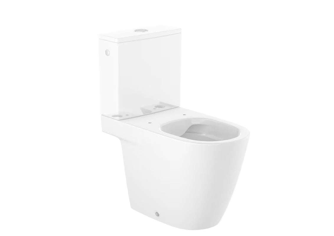 Bel stoječa WC školjka kombi Roca Ona brez splakovalnega kroga z vario odtokom in tehnologijo Roca Rimless®.