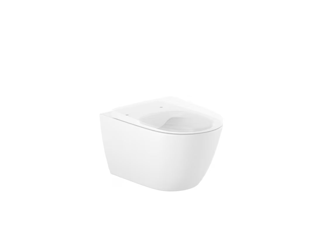 Beli viseča WC školjka Roca Ona brez splakovalnega kroga s tehnologijo Roca Rimless in skritim pritrjevanjem.