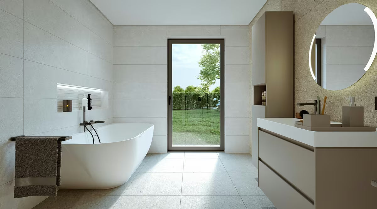 Viseča visoka kopalniška omarica Roca Ona u mat pješčanoj boji s otvaranjem PushOpen.