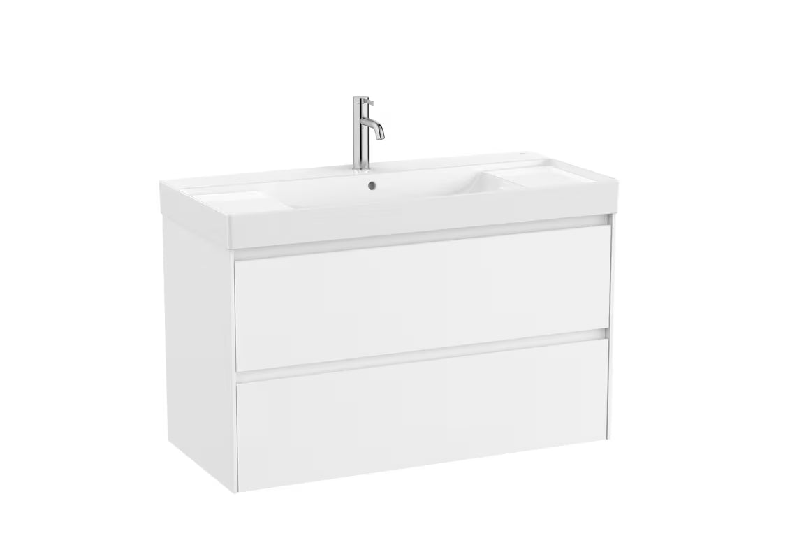 Bela viseča omarica s keramičnim umivalnikom Roca Ona 100x46x64,5 cm z mat površino