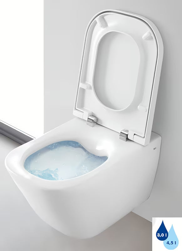 Bijeli viseča WC školjka Roca The Gap s Rimless izvedbom brez splakovalnega kroga i četvrtastim dizajnom