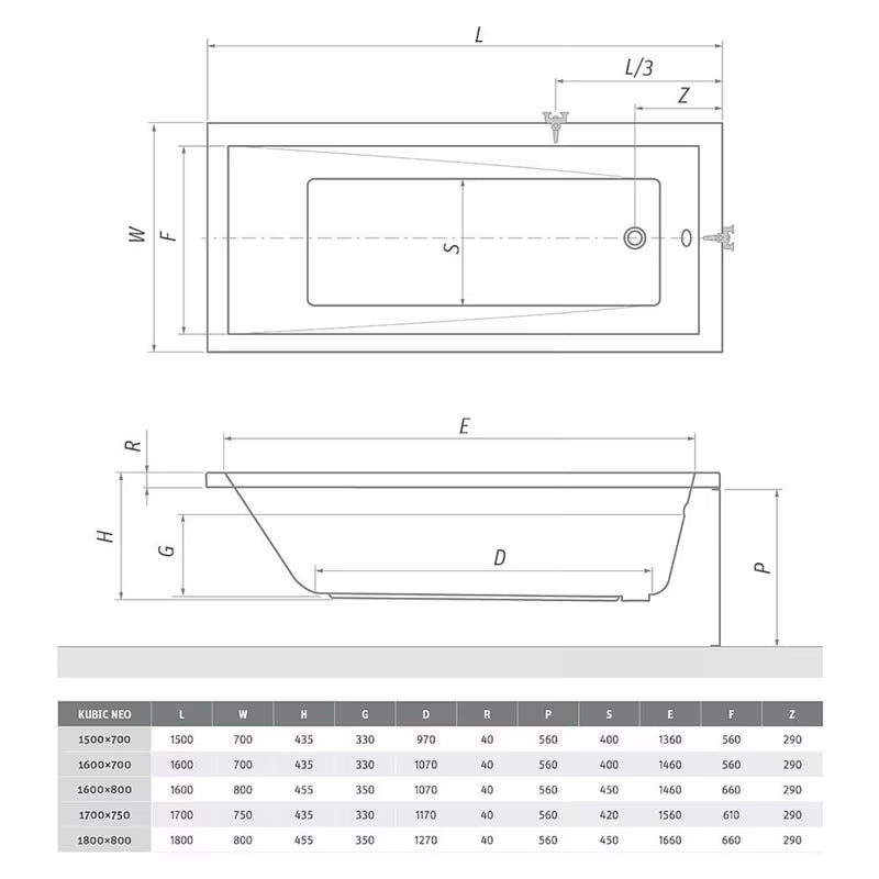 Pravokotna akrilna kad Roth Kubic Neo 160x80 cm v sodobnem dizajnu