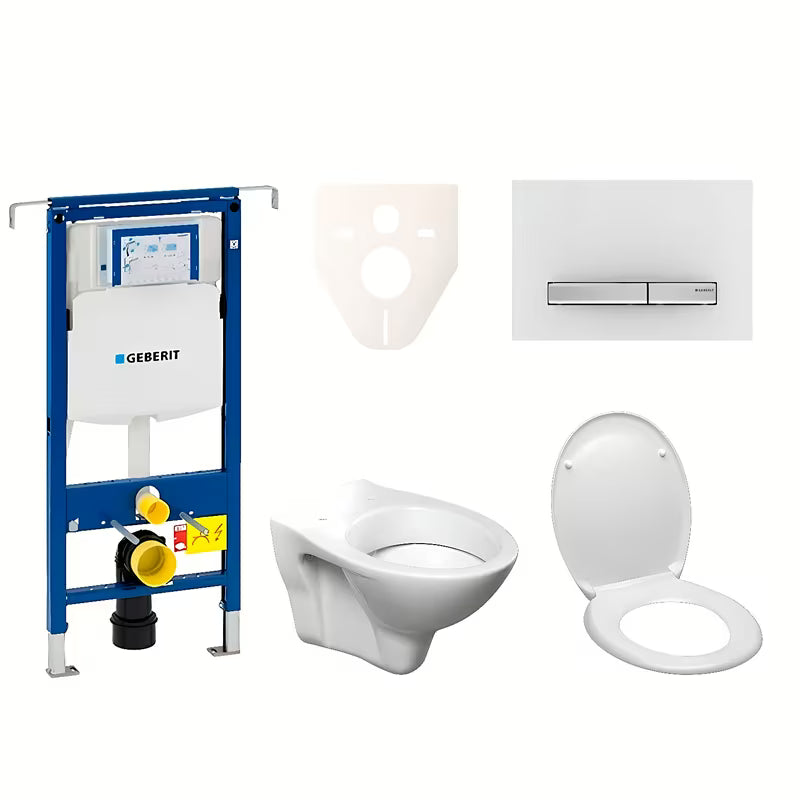 Viseči WC set S-Line Pro s modulom Geberit Duofix, sjedalom i tipkom za ispiranje Sigma 50 u bijeloj boji.