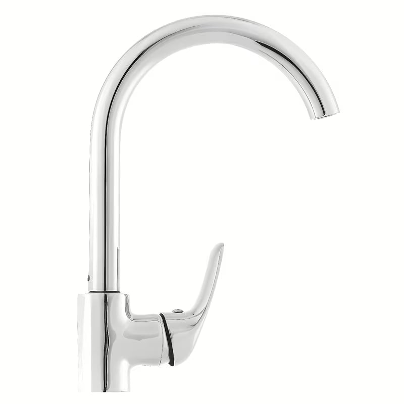 Kromirana enoročna stoječa armatura za pomivalno korito S-Line Pro z vrtljivim izlivom s uvučenim perlatorom.