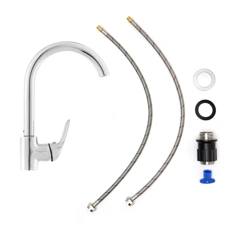 Kromirana enoročna stoječa armatura za pomivalno korito S-Line Pro z vrtljivim izlivom s uvučenim perlatorom.