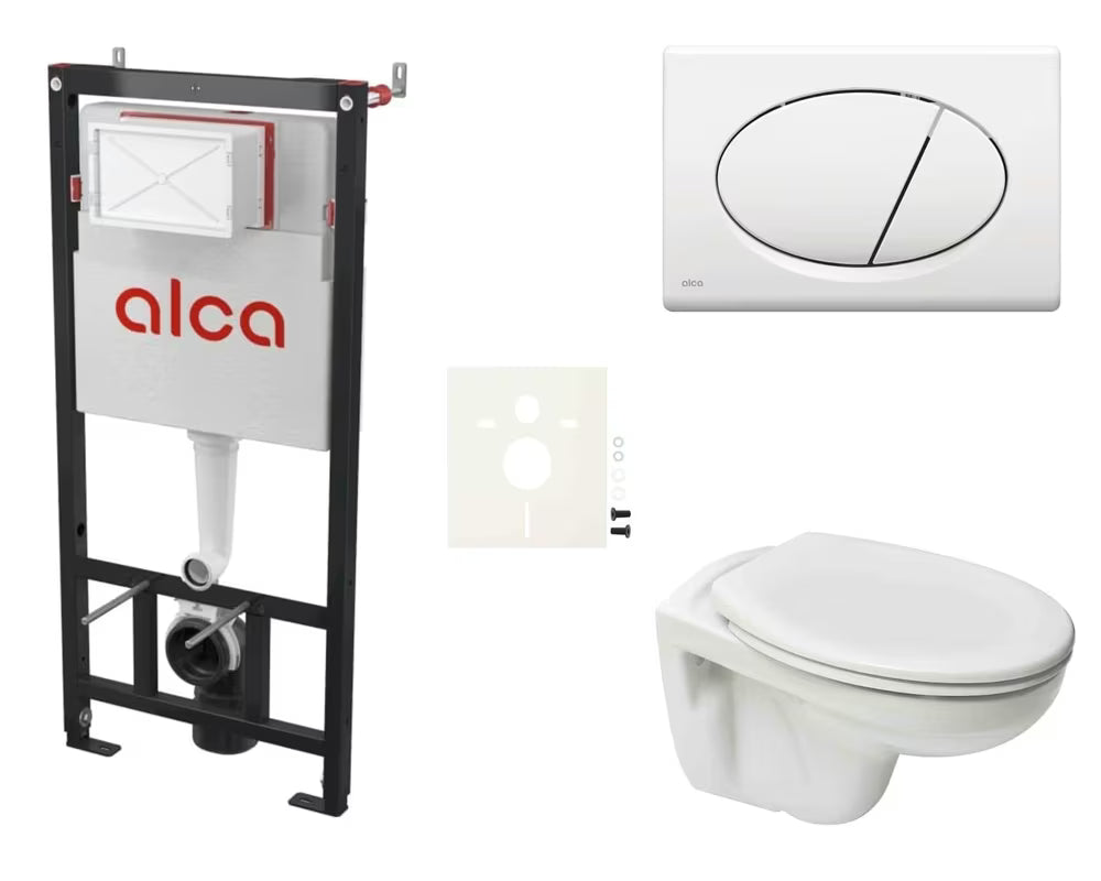 Viseči WC set S-Line Pro z modulom za lahke stene, belim tipkalom za splakovanje in sedežem iz duroplasta.